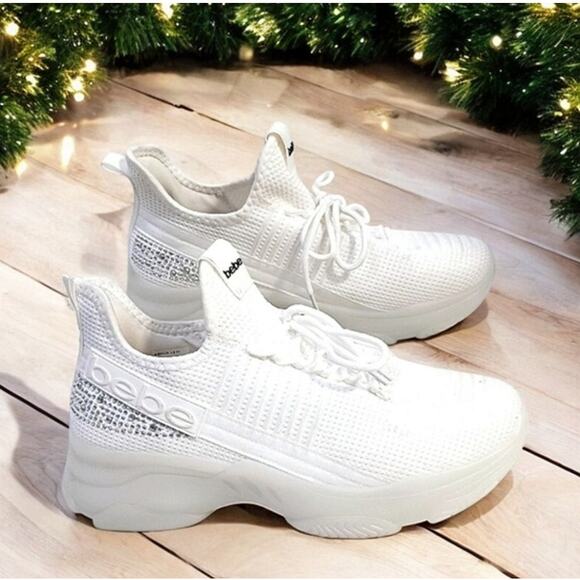 NEW! bebe Sneakers ANALIA 10 Crystals WHITE Rhinestones Embellished Luxe Fancy - Picture 15 of 16